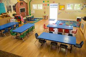 Classroom decorated for kids with four rectangle tables