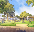 Image of Proposed Downtown Park; Trees, Grass, People Walking Around