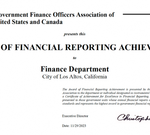 Award of Financial Reporting Achievement given to the City of Los Altos Finance Department