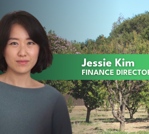 Woman's headshot in front of apricot orchard; green bubble with the words Jessie Kim, Finance Director