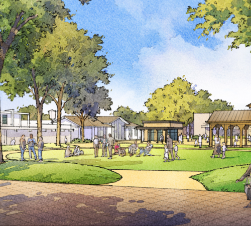 Image of Proposed Downtown Park; Trees, Grass, People Walking Around