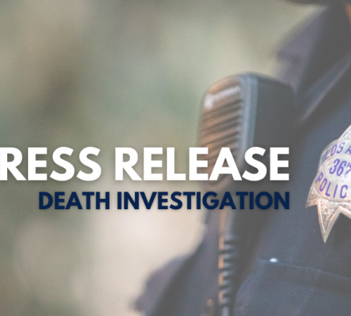 Image showing officer with badge with text overlay saying 'Press Release' and 'Death Investigation'