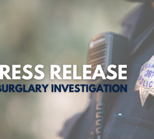 Words overlayed over a police officer with badge reading Press Release, Burglary Investigation 
