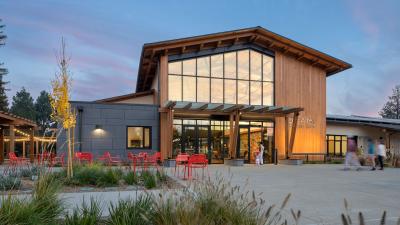 Front view of the community center during sunset 